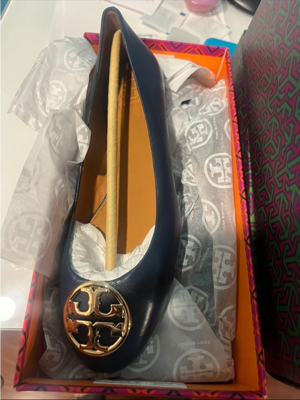 Tory Burch Navy Leather Ballet Flat with Gold Logo Medallion